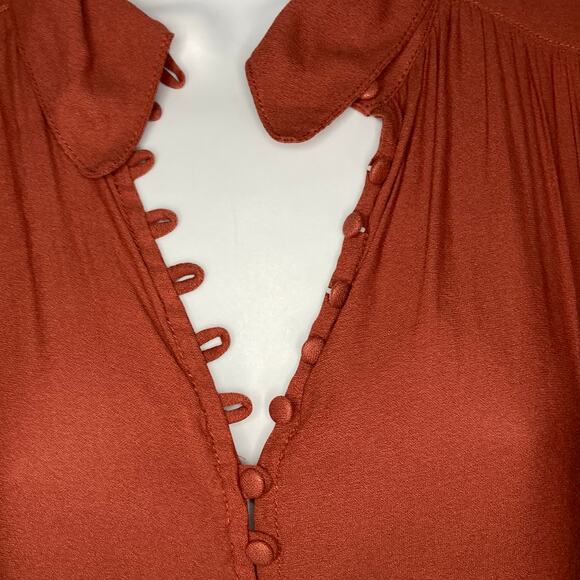 Free People Button Down Front Top Collar Flared Sleeves Rust Burnt Orange Size M - Picture 16 of 16